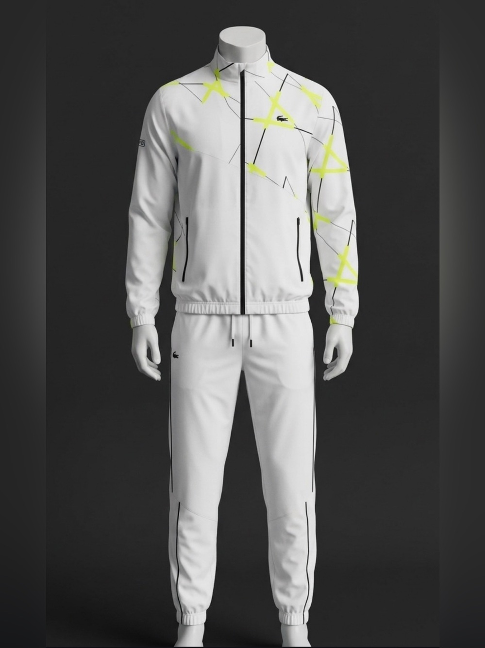 Lacoste White Track Suit Jacket & Pants Set with Neon Yellow Accents